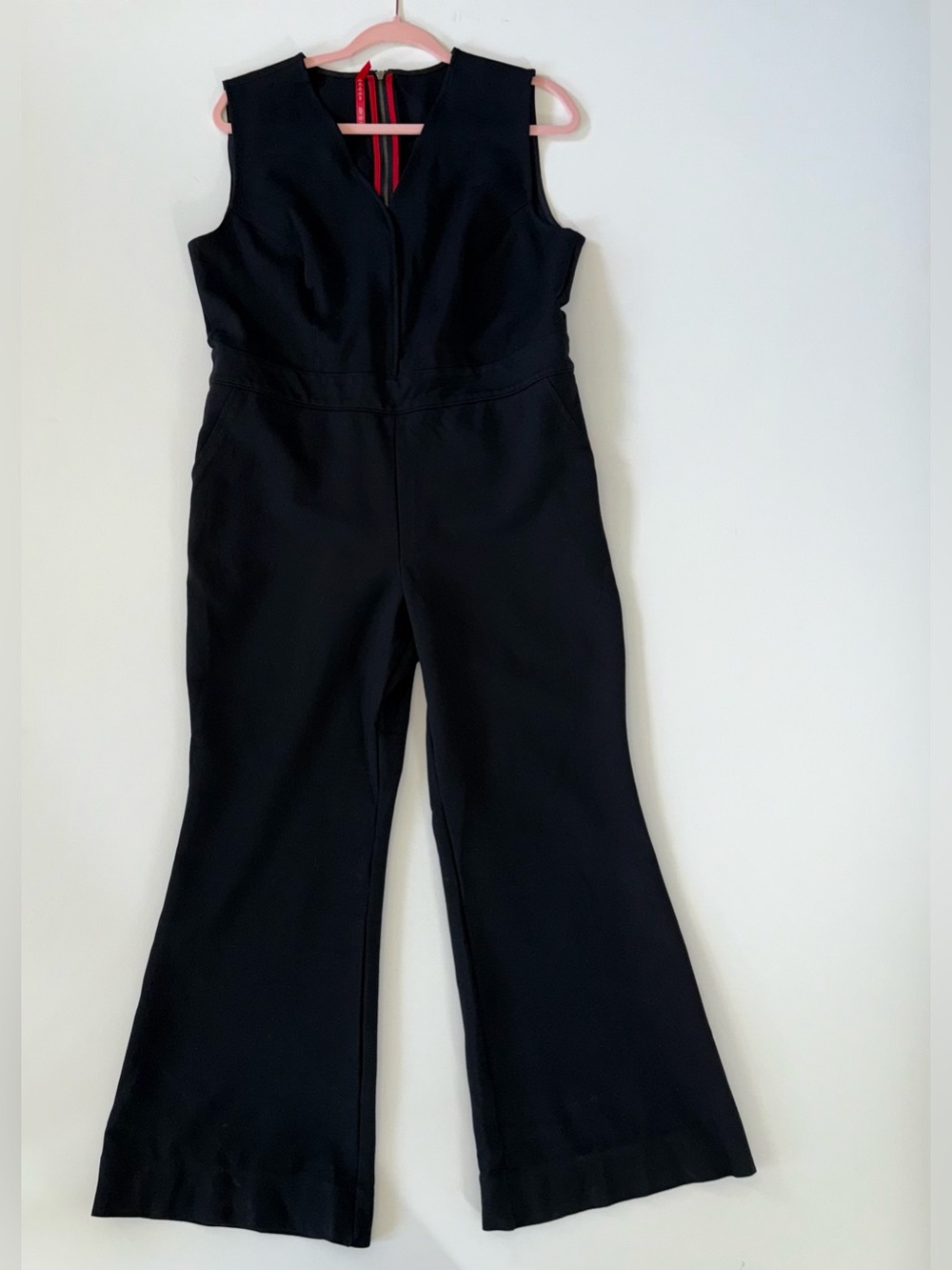 SPANX Black Flare Leg Jumpsuit XL Sleeveless V Neck Tailored Wide Leg